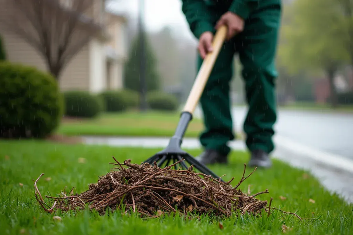 Lawn raked clean of twigs and leaves after storm debris cleanup in Speedway, IN