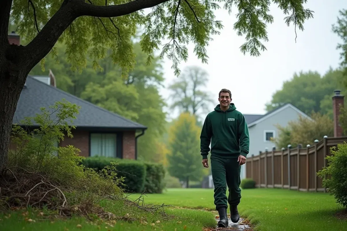 Homeowner walking the yard and checking trees for hanging limbs after a storm in Indiana