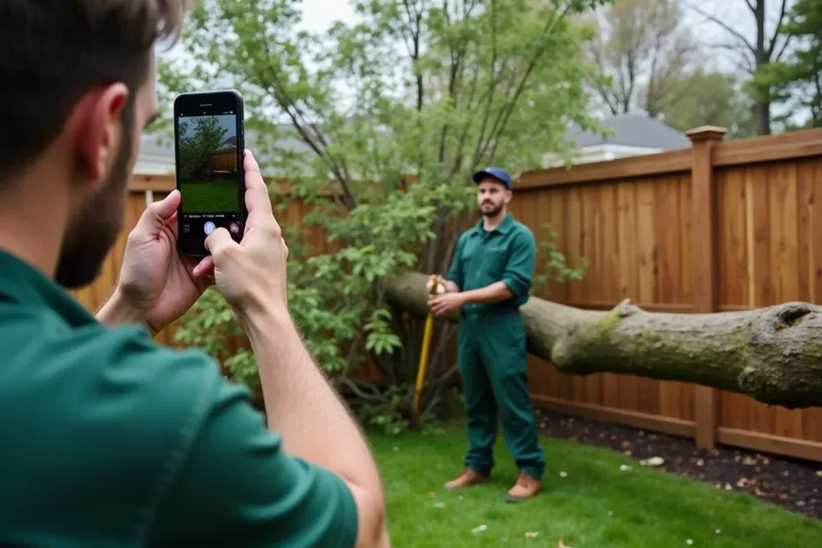 Photographing storm damage to a yard and fence for an insurance claim in Indiana
