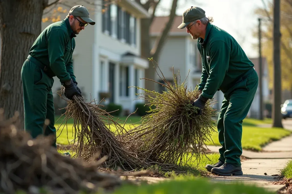 Lawn crew sorting storm debris into brush and small-debris piles in Plainfield, Indiana