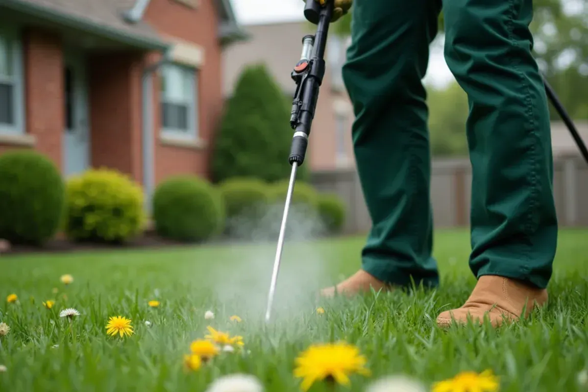 Technician spot-spraying dandelions and clover in a lawn in Speedway, IN