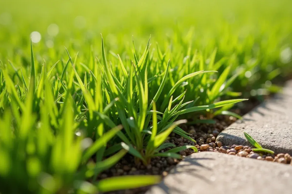 Crabgrass spreading along a driveway edge in an Indianapolis lawn before weed control