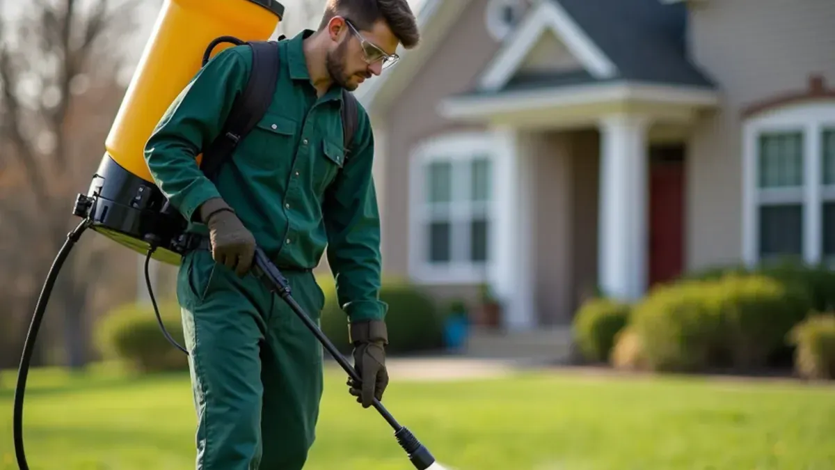 Speedway Lawn Maintenance technician spot-treating dandelions in a front lawn in Indianapolis, IN