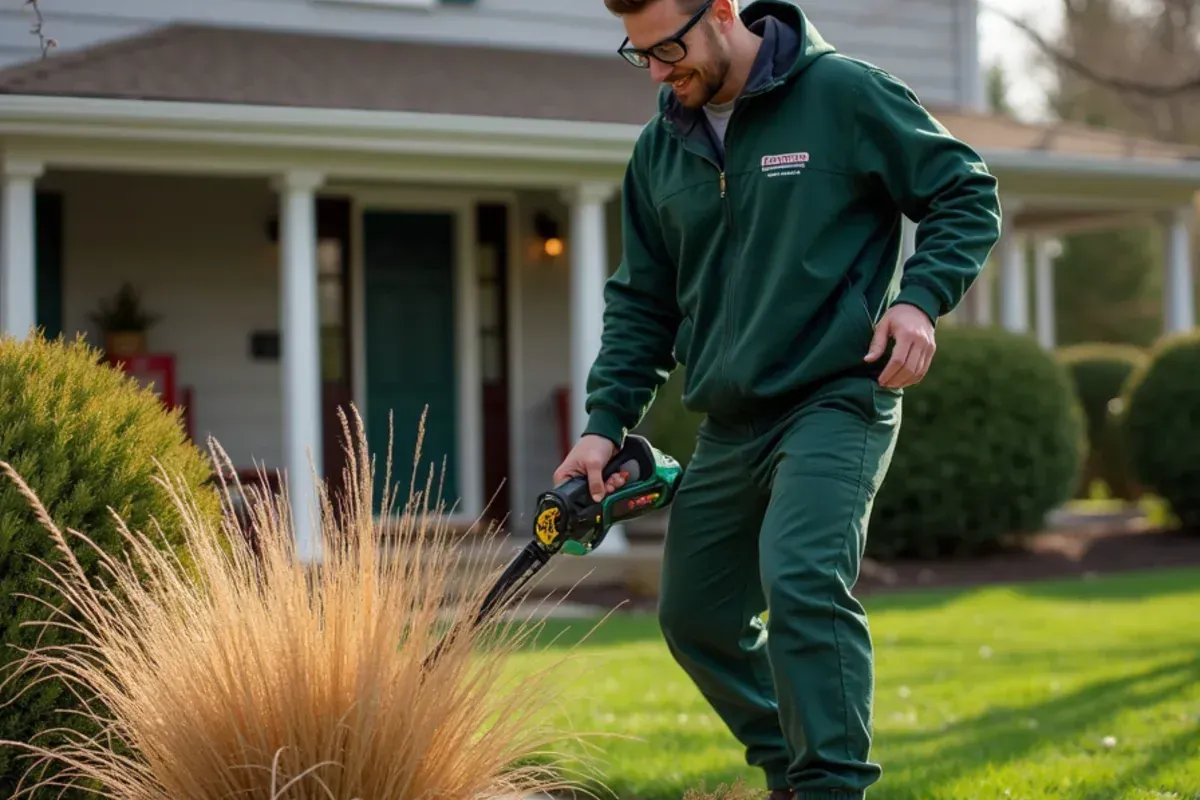 Crew cutting back ornamental grasses and clearing beds during a spring yard cleanup in Indianapolis