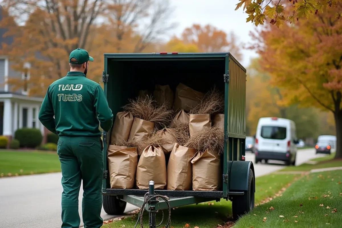 Bagged yard waste loaded onto a trailer after a fall cleanup in Speedway, IN