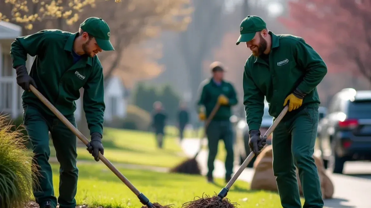 Crew raking winter debris out of a landscape bed during a spring yard cleanup in Speedway, Indiana